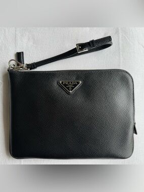 Prada Black Saffiano Leather Wrist Strap Pouch